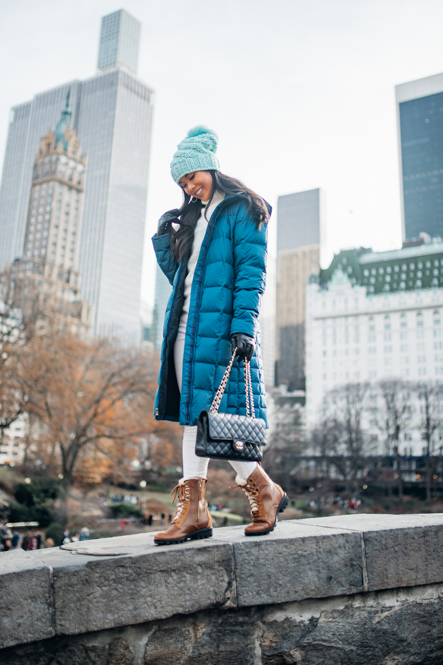 Bright Blue Puffer Coat with Teal Beanie Bright Blue Puffer Coat with Teal Beanie — Winter Colorful Outfits 2027