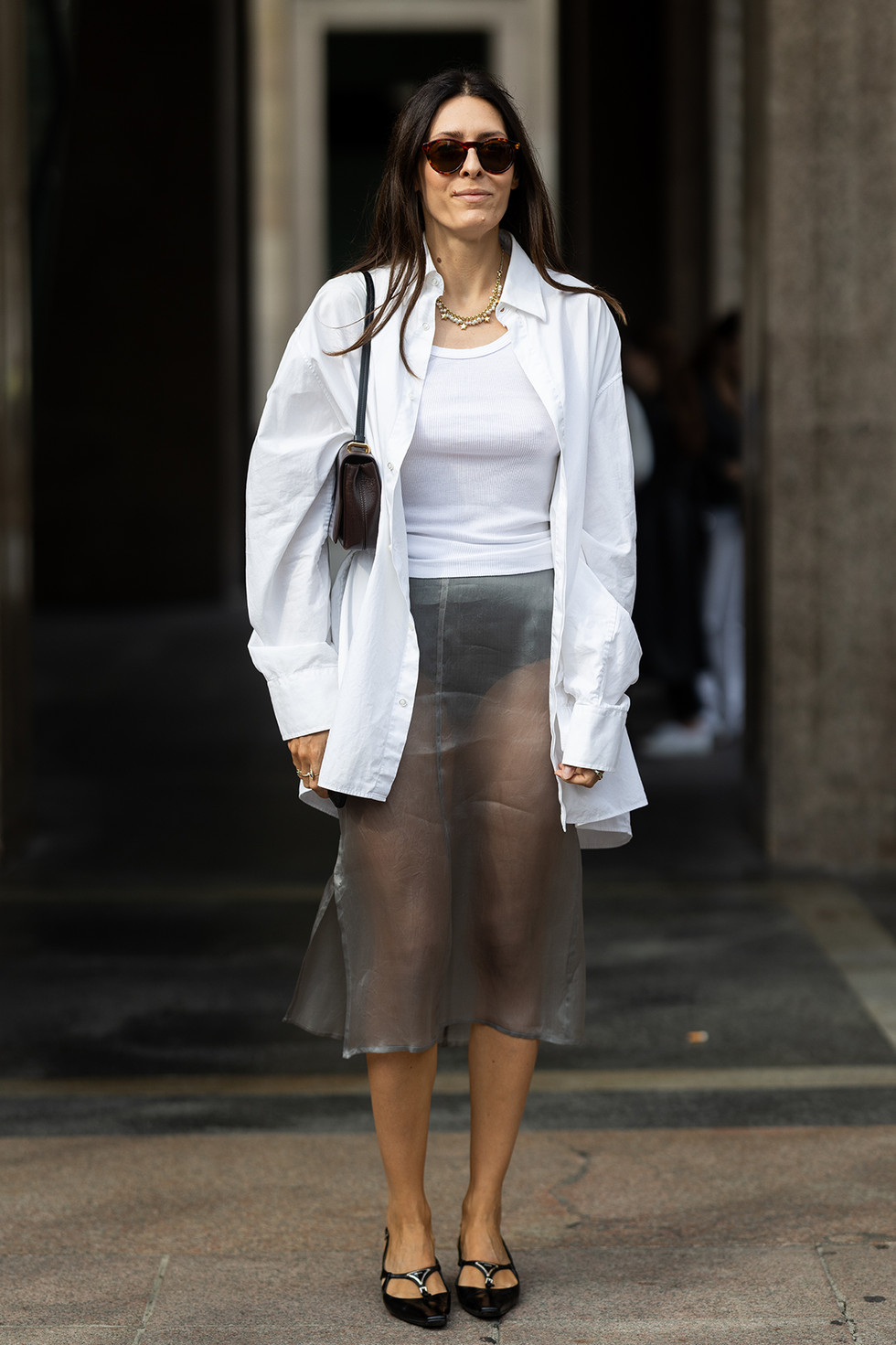 Sheer Midi Skirt with Oversized Shirt for a Textural Contrast Sheer Midi Skirt with Oversized Shirt for a Textural Contrast — Italian Restaurant Outfits 2027