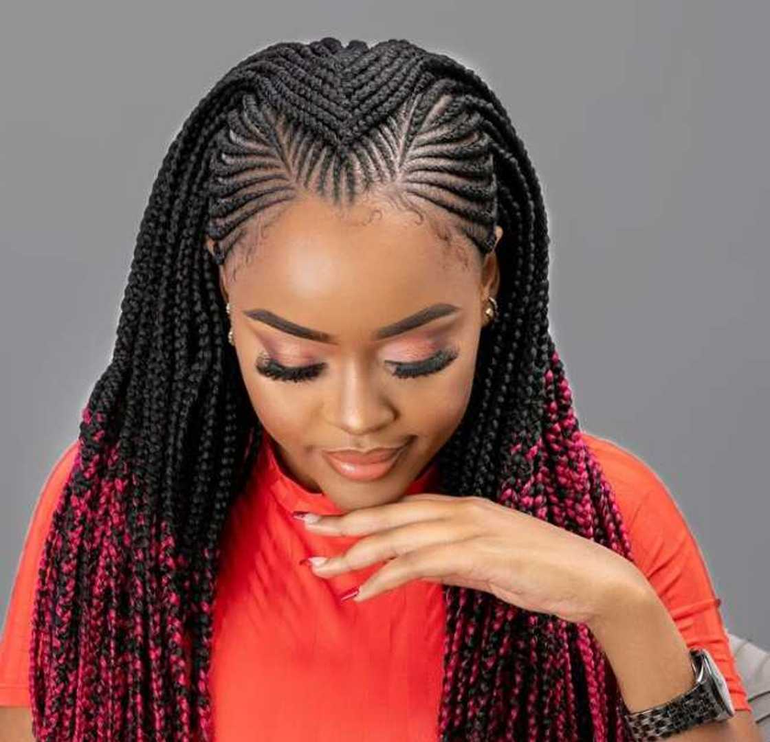 No Bangs Mid-Back Box Braids With Pink Accents — Tribal Braids 2027