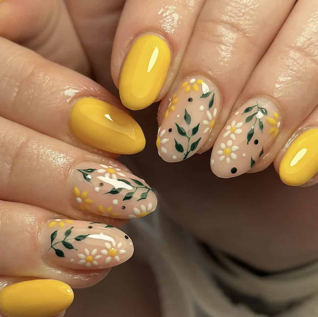 Daisy Flowers And Leaves On Accent Nails Visual Idea Daisy Flowers And Leaves On Accent Nails Visual Idea — Flower Nails 2027