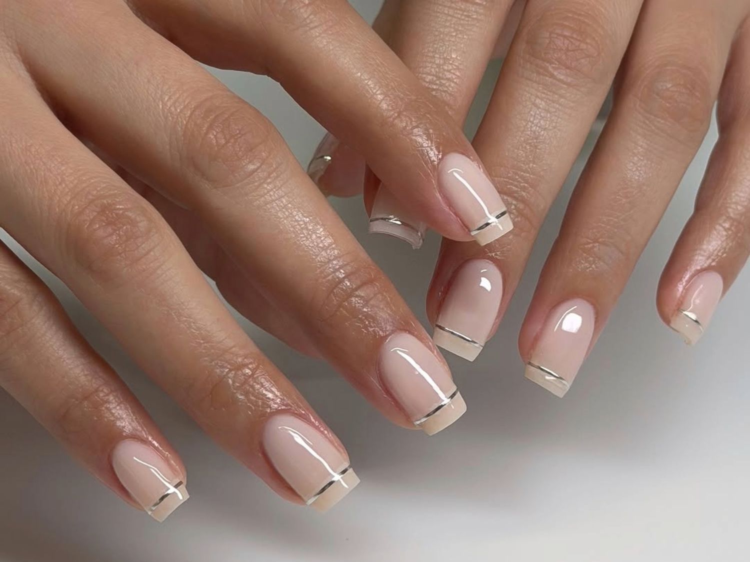 Medium Square Nude French with Silver Lines Medium Square Nude French with Silver Lines — Thin Line Nails 2027