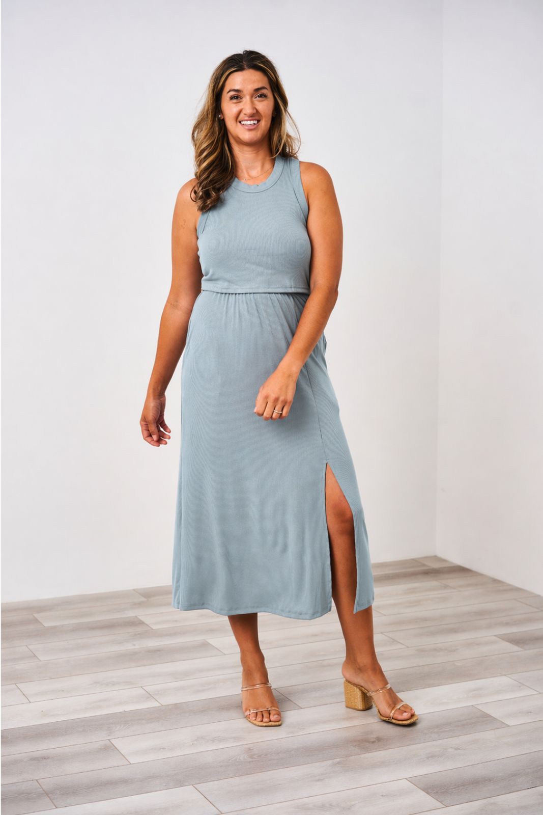 Ribbed Knit Midi Dress with Side Slit and Block Heels Ribbed Knit Midi Dress with Side Slit and Block Heels — Midi Dresses 2027 for Nursing Moms