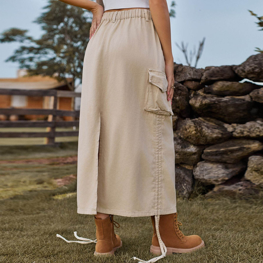 Beige Denim Midi Cargo Skirt with Drawstring Hem — Cargo Skirts 2027