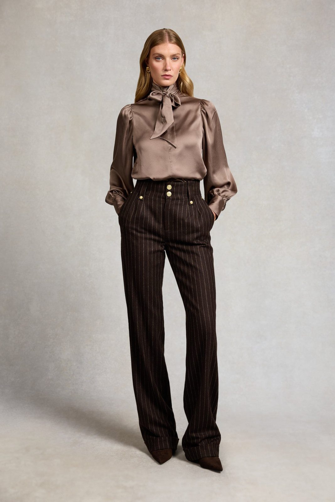 Elegant Evening: Pinstripe Trousers with a Satin Blouse Elegant Evening: Pinstripe Trousers with a Satin Blouse — Pinstripe Pants Outfits 2027