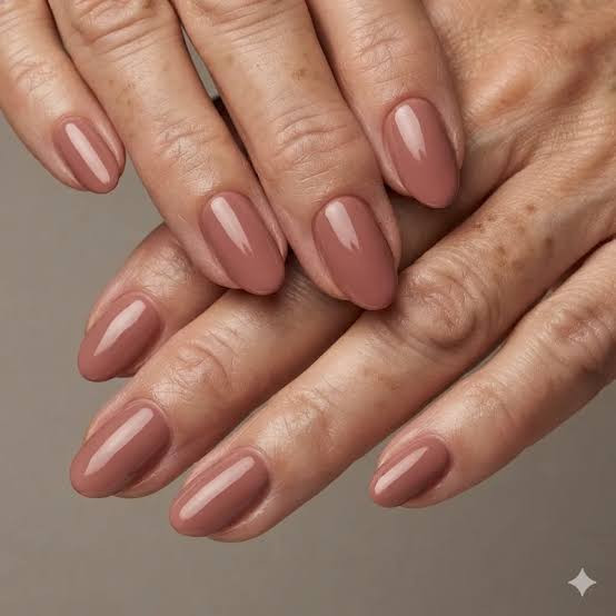 Muted Rose-Brown Glossy Almond Nails Muted Rose-Brown Glossy Almond Nails — Classy Nails 2027 for Mature Hands