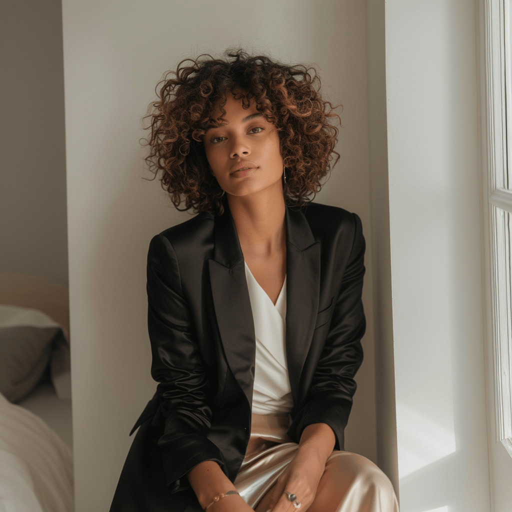 Black Satin Blazer and Gold Satin Wide-Leg Trousers Black Satin Blazer and Gold Satin Wide-Leg Trousers — Glamoratti Outfits 2027