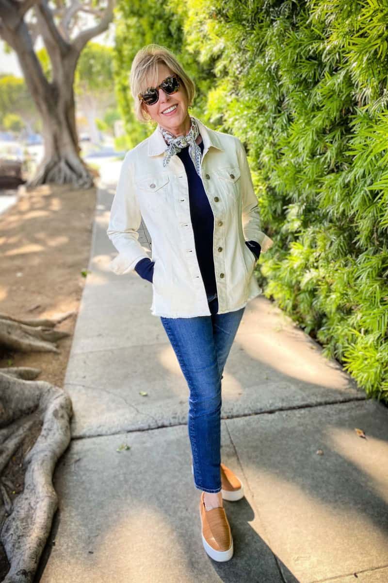 Cream Denim Jacket with Frayed Hem and Scarf — Denim Jackets 2027