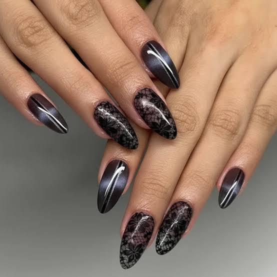 Velvet Black Lace Pattern Almond Nails Velvet Black Lace Pattern Almond Nails — Nails 2027 for Black Dress