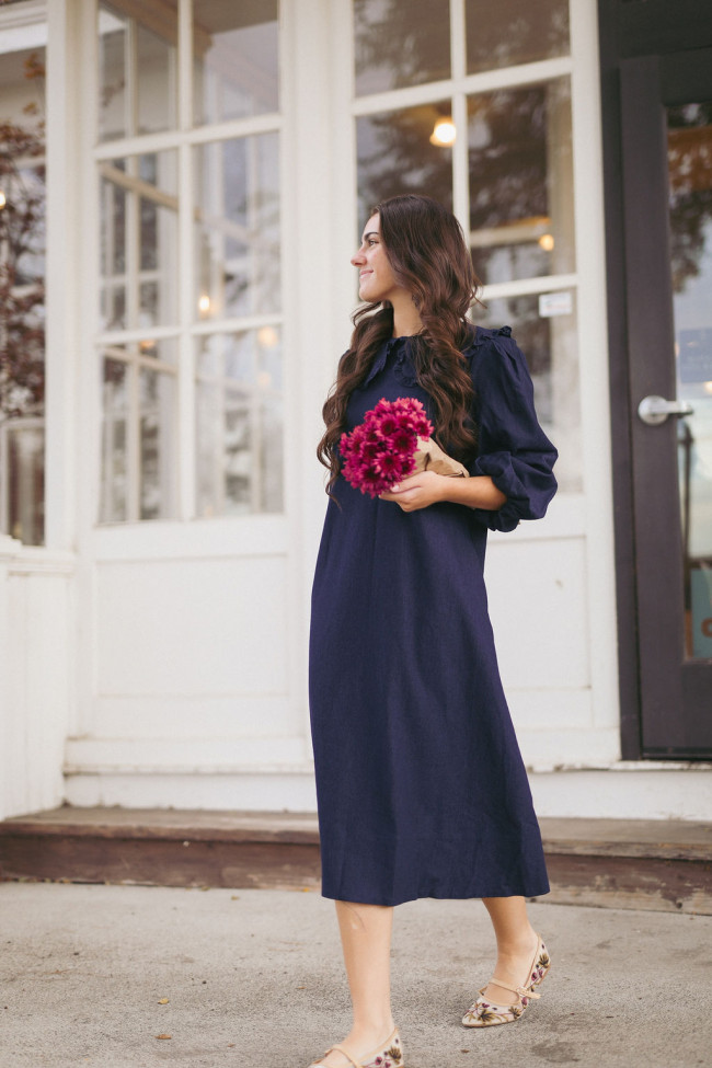 Navy Blue Puff-Sleeve Dress with Floral Ballet Flats Navy Blue Puff-Sleeve Dress with Floral Ballet Flats — Galentines Outfits 2027