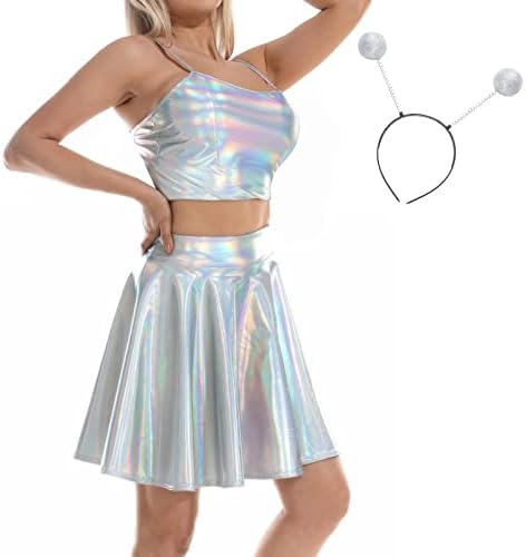 Silver Holographic Crop Top and Mini Skirt Rave Set with Headband — Holographic Outfits 2027