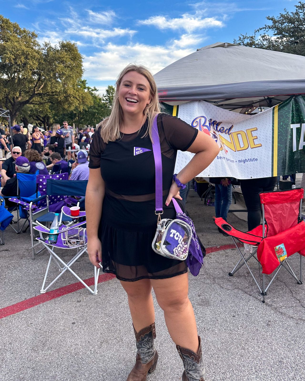 Sheer Mini Dress and Cowboy Boots with a Bandana Clear Bag — Clear Bag Outfits 2027