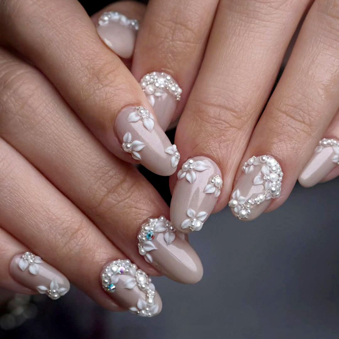 Beige with 3D Floral and Pearl Embellishments — Floral Wedding Nails 2027