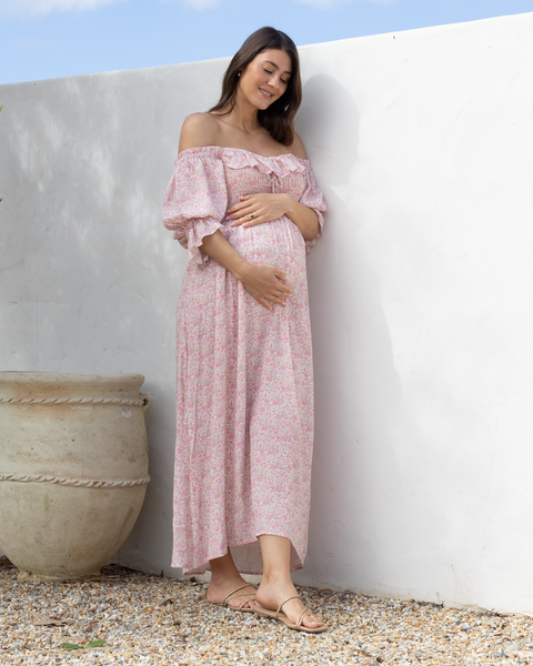 Baby Shower Pink Floral Off-the-Shoulder Midi Dress with Ruffles — Baby Shower Outfits 2027