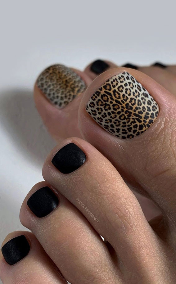 Matte Black and Leopard Print Toes — Toe Nails 2027 for Tan Skin