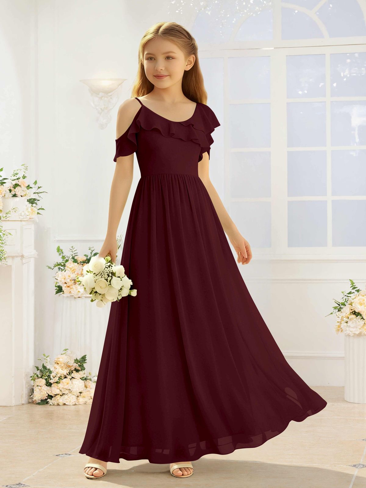 Burgundy Chiffon with Cold Shoulder Ruffles and Floor-Length Hem Burgundy Chiffon with Cold Shoulder Ruffles and Floor-Length Hem — Junior Bridesmaid Dress 2027
