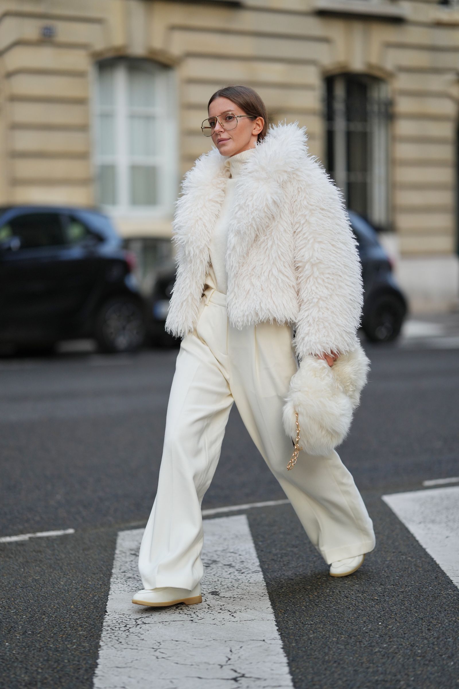 White Faux Fur Jacket Over Matching Trousers White Faux Fur Jacket Over Matching Trousers — Winter Dinner Outfits 2027