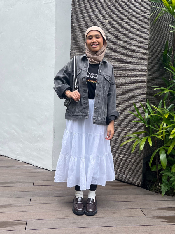 Denim Jacket and Hijab with White Tiered Midi Skirt — Tiered Skirt Outfits 2027