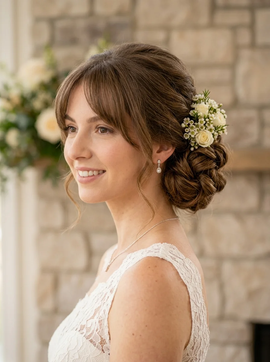Mid-Back Ash Blonde Textured Bun With Wispy Curtain Bangs Mid-Back Ash Blonde Textured Bun With Wispy Curtain Bangs — Wedding Bangs 2027