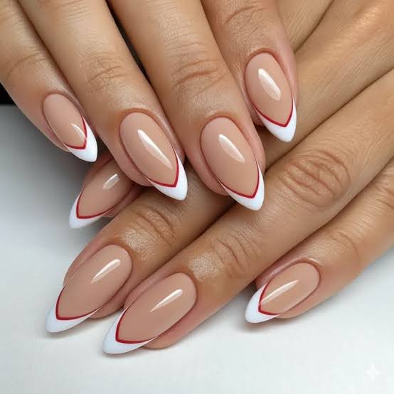 Red Outline French Tip Nude Almonds Red Outline French Tip Nude Almonds — Date Night Nails 2027