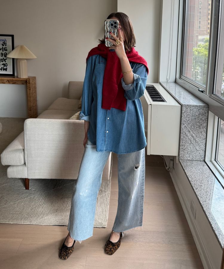 Denim Shirt and Wide-Leg Jeans with a Red Scarf Accent — Pinterest Girl Outfits 2027