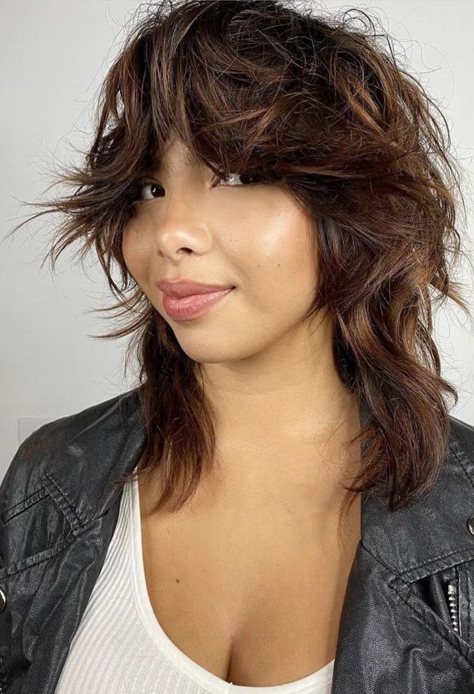 Dark Brown Collarbone Shag With Blunt Bangs Dark Brown Collarbone Shag With Blunt Bangs — Spring Haircuts 2027