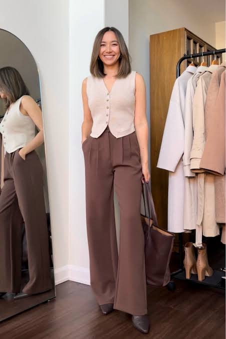 Beige Waistcoat with Brown Wide-Leg Trousers Beige Waistcoat with Brown Wide-Leg Trousers — Winter Office Outfits 2027