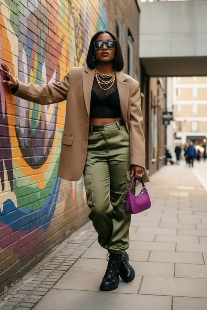 Elevated Streetwear: Satin Cargo Pants with Oversized Blazer Elevated Streetwear: Satin Cargo Pants with Oversized Blazer — Streetwear Outfits 2027
