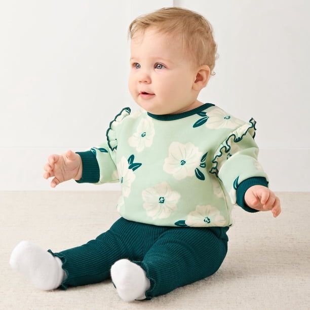 Mint Green Sweatshirt with Floral Print and Teal Leggings Mint Green Sweatshirt with Floral Print and Teal Leggings — Toddler Girl Outfits 2027