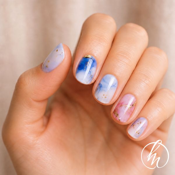 Short Oval Blue Pink Watercolor Marble — Blue Watercolor Nails 2027