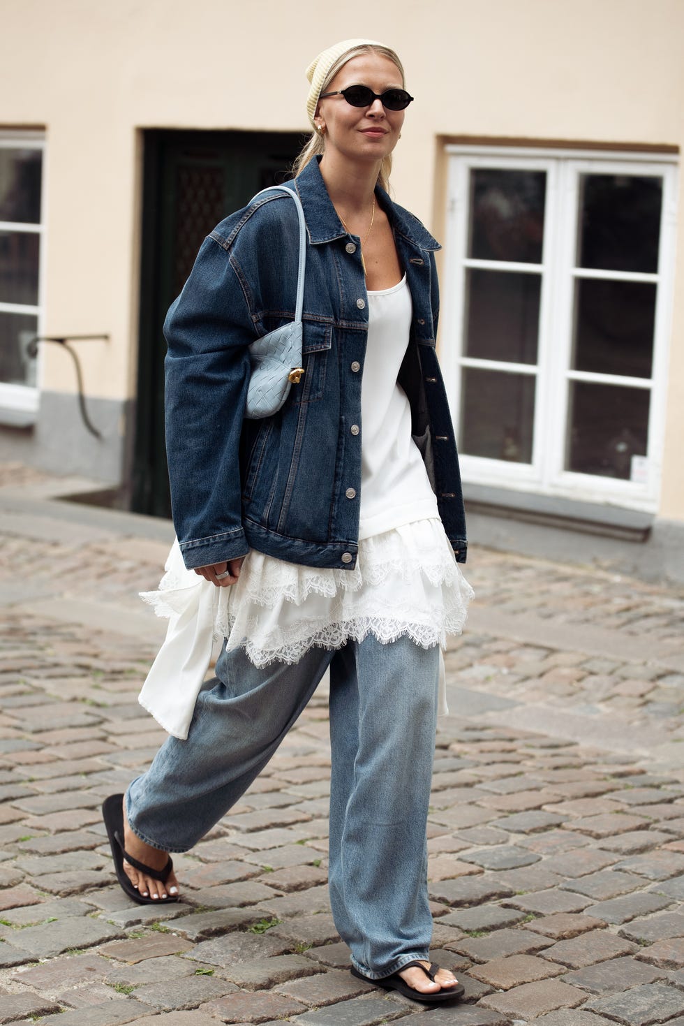 Oversized Denim Jacket with Lace Trim Camisole and Beanie — Denim Jacket Outfits 2027