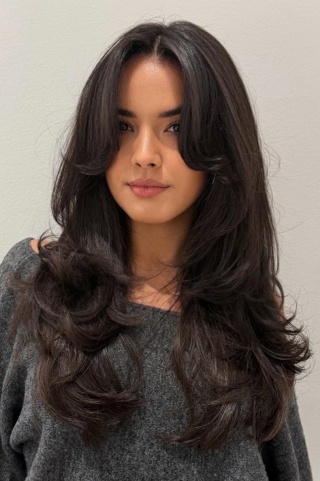 Long Hair With Butterfly Layers and Bangs Long Hair With Butterfly Layers and Bangs — Dark Brown Hair 2027