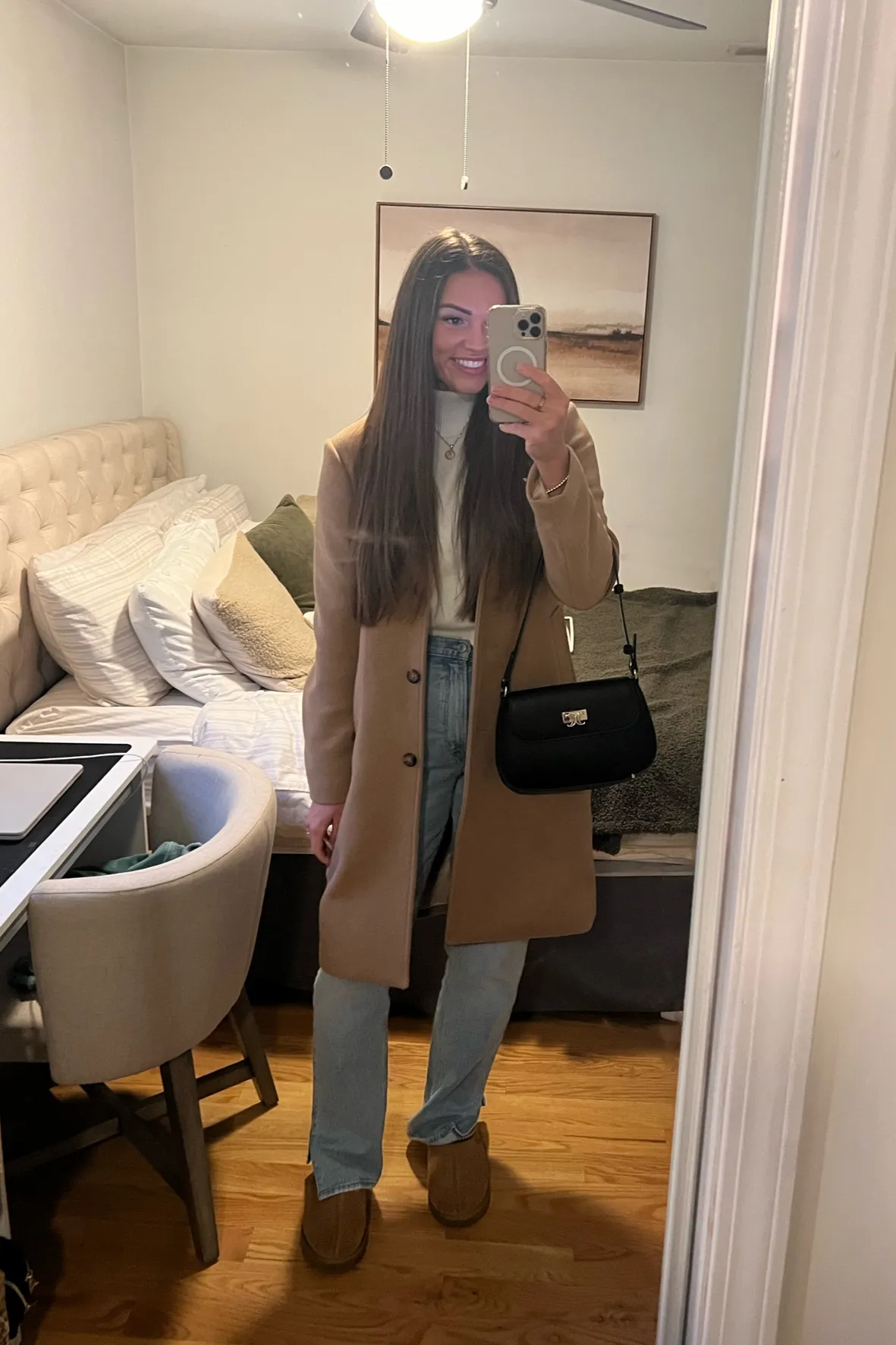 Camel Wool Coat Over White Turtleneck and Jeans — Tall Women Outfits 2027