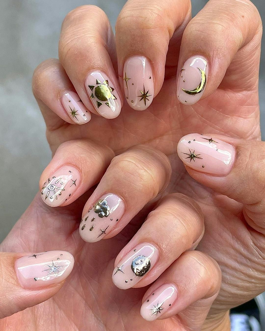 Short Nude with Gold Sun and Moon — Moon and Stars Nails 2027