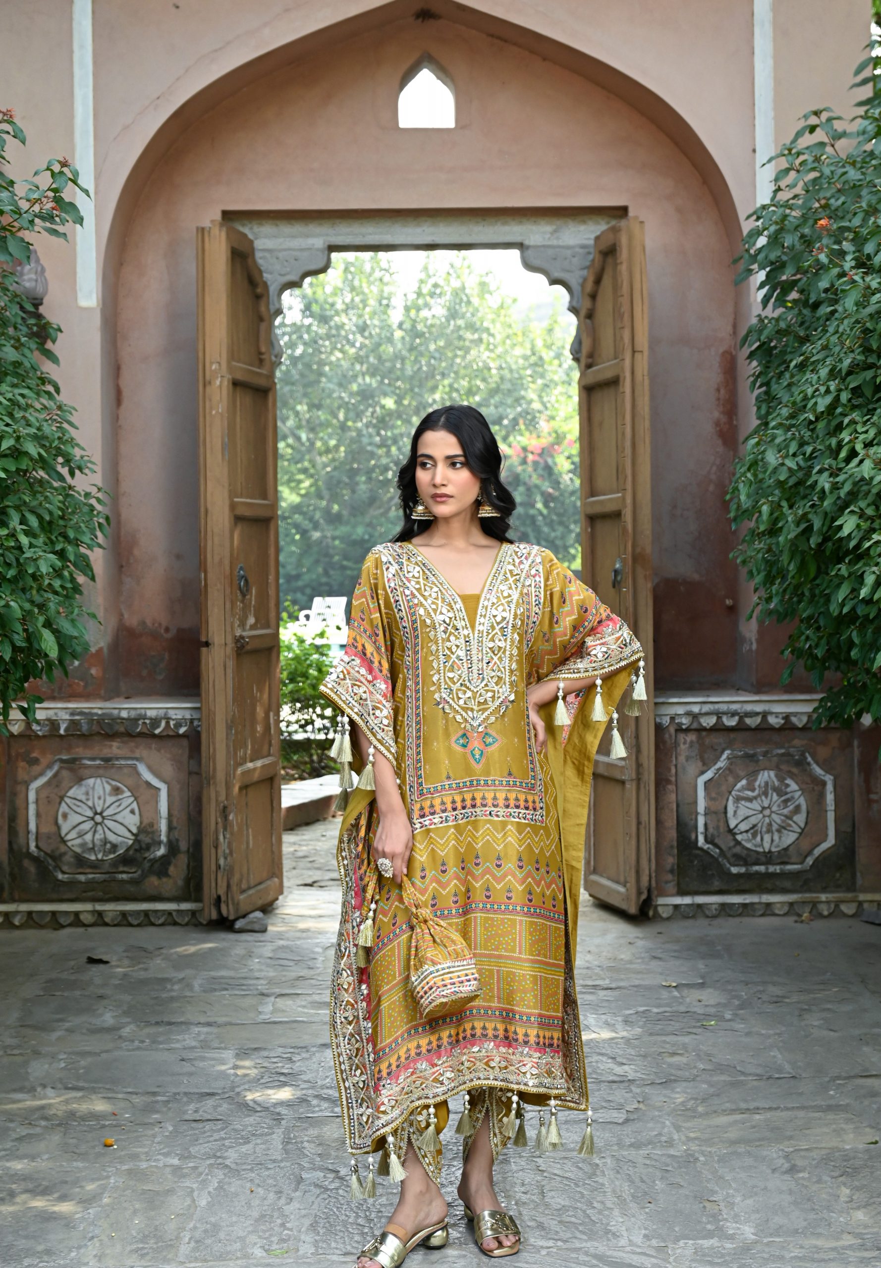 Embroidered Mustard Yellow Kaftan Set for Festive Occasions — Mustard Outfits 2027