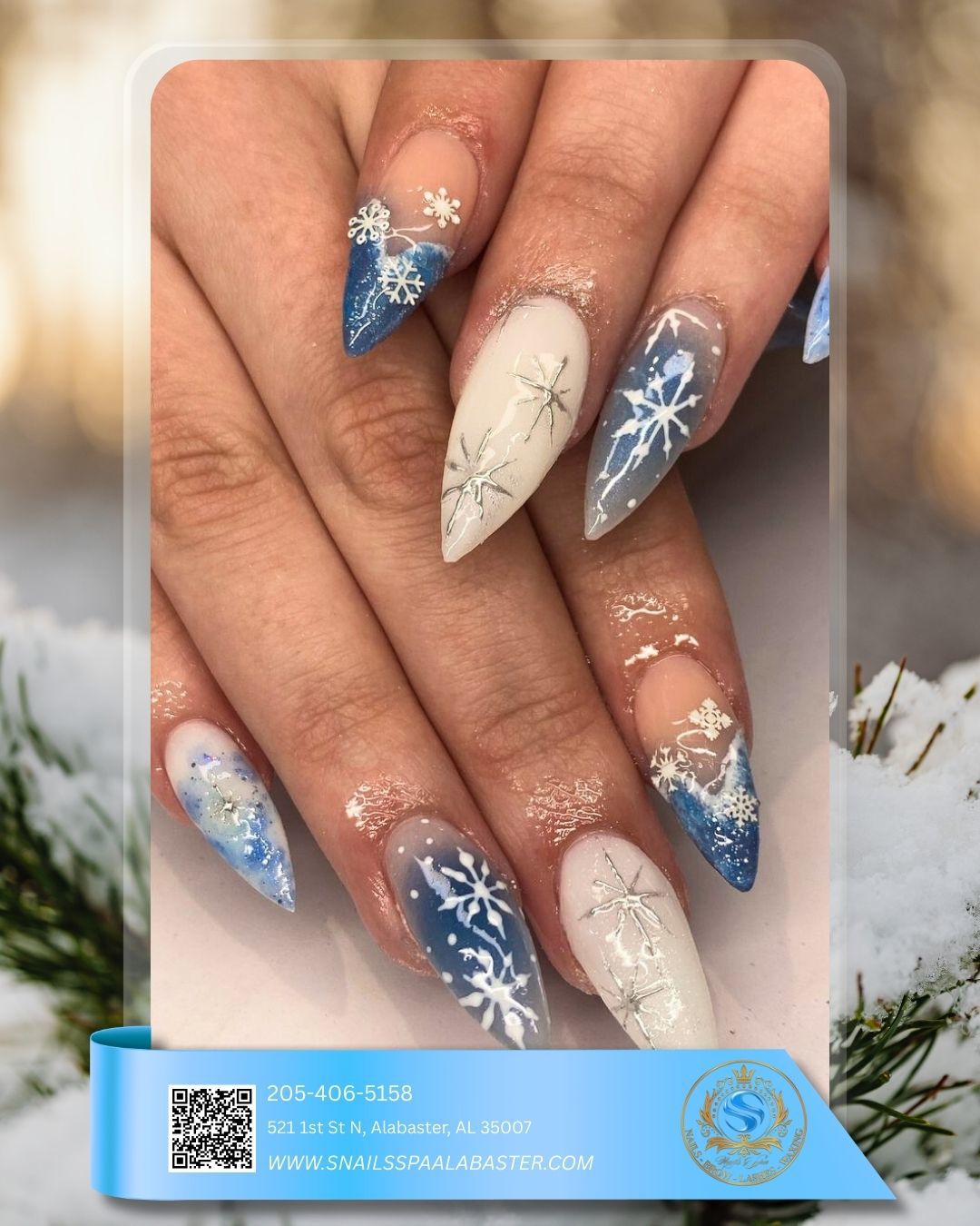 Snowflakes And Glitter On All Nails Visual Idea — Long Christmas Nails 2026