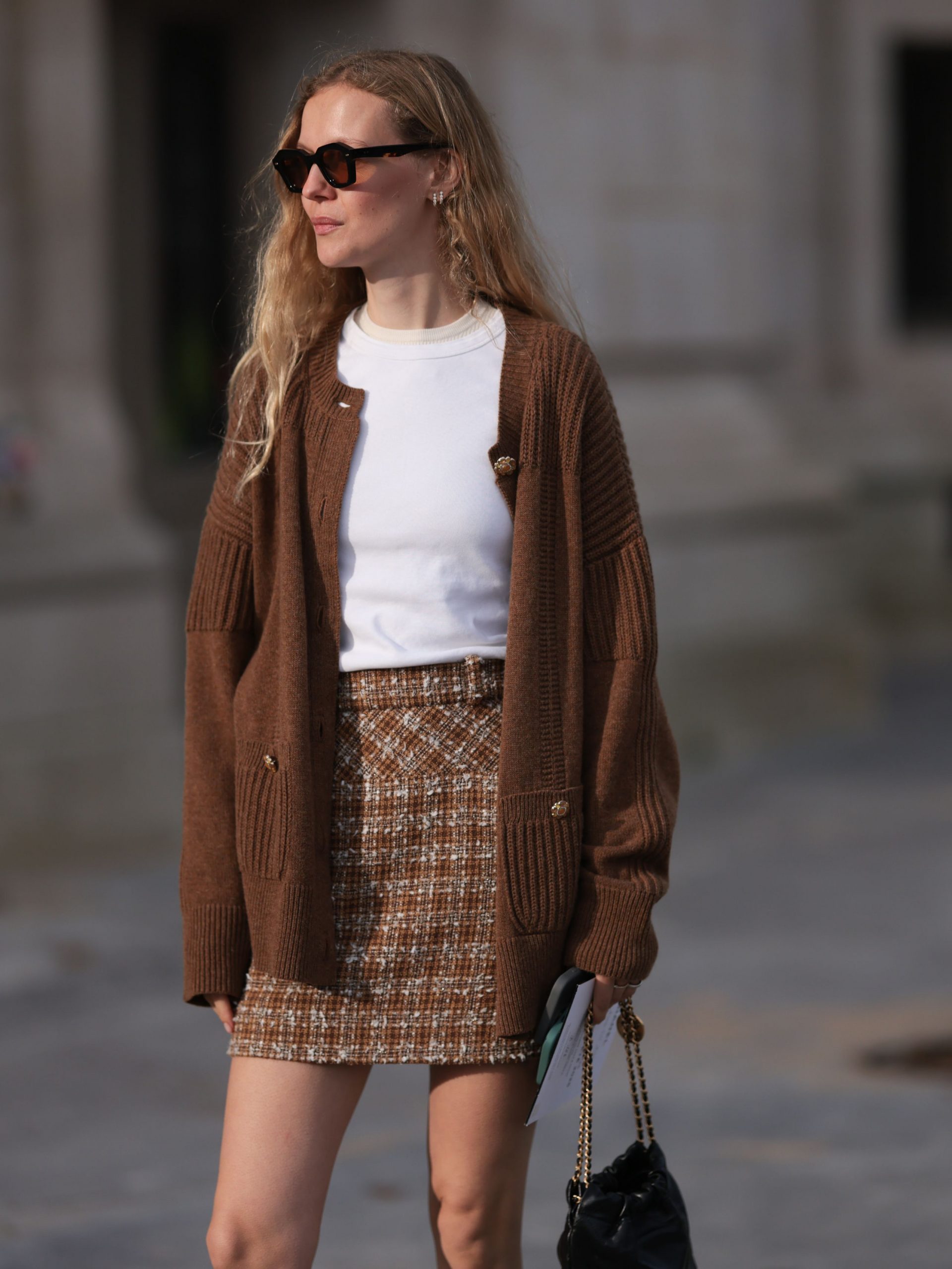 Brown Knit Cardigan with Tweed Mini Skirt Brown Knit Cardigan with Tweed Mini Skirt — Fall Cardigan Outfits 2026