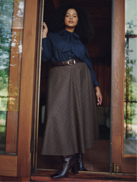 Navy Pussy Bow Blouse with Plaid Midi Skirt — Plus Size Thanksgiving Outfits 2026