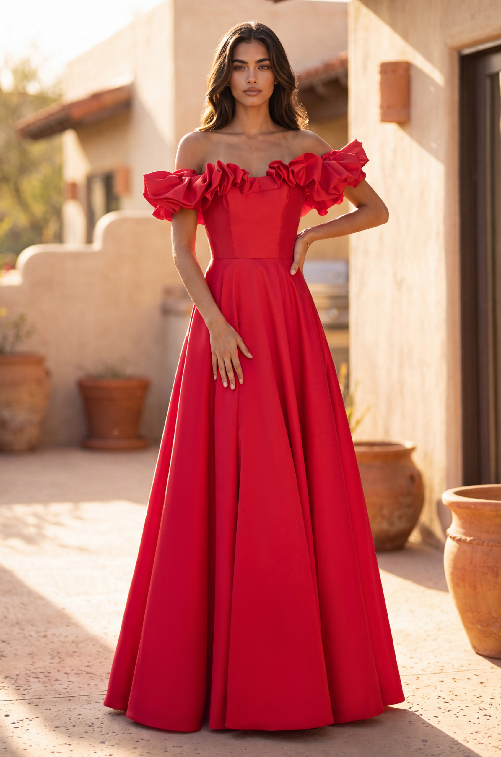Vibrant Red Satin Ball Gown with Off-Shoulder Ruffles Vibrant Red Satin Ball Gown with Off-Shoulder Ruffles — Ruffle Dresses 2027