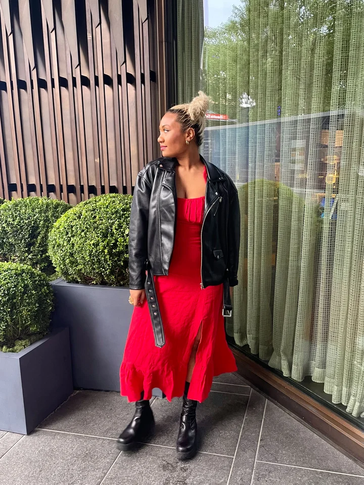 Bold & Edgy: Oversized Leather Jacket with Red Slip Dress Bold & Edgy: Oversized Leather Jacket with Red Slip Dress — Dress 2027 with Leather Jacket Outfit