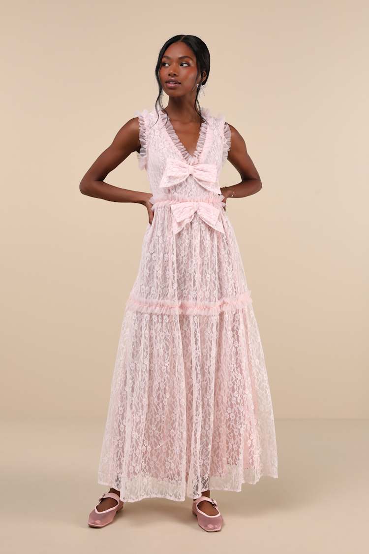 Pink Lace Maxi Dress with Tiered Skirt and Large Bow Pink Lace Maxi Dress with Tiered Skirt and Large Bow — Bows and Lace Outfits 2027