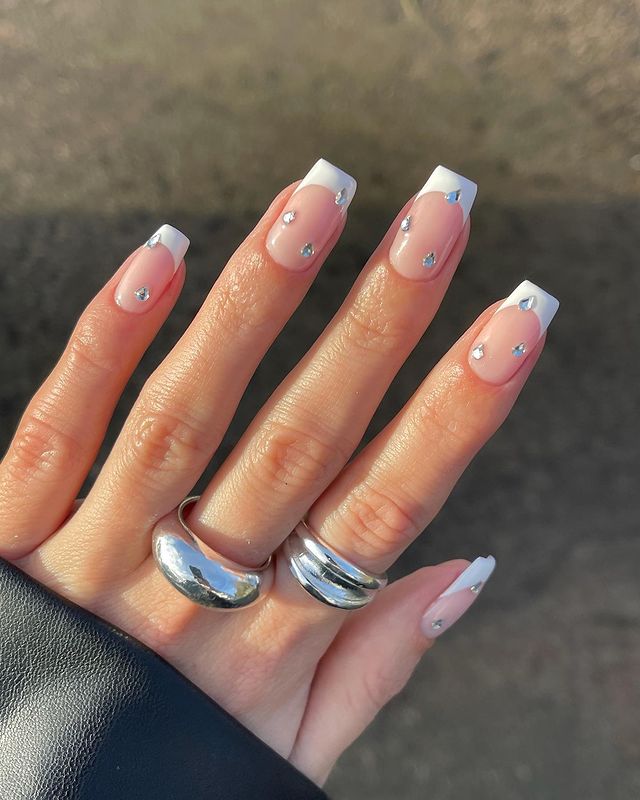 Glossy Rhinestone French Short Square Nails Glossy Rhinestone French Short Square Nails — Short Prom Nails 2027