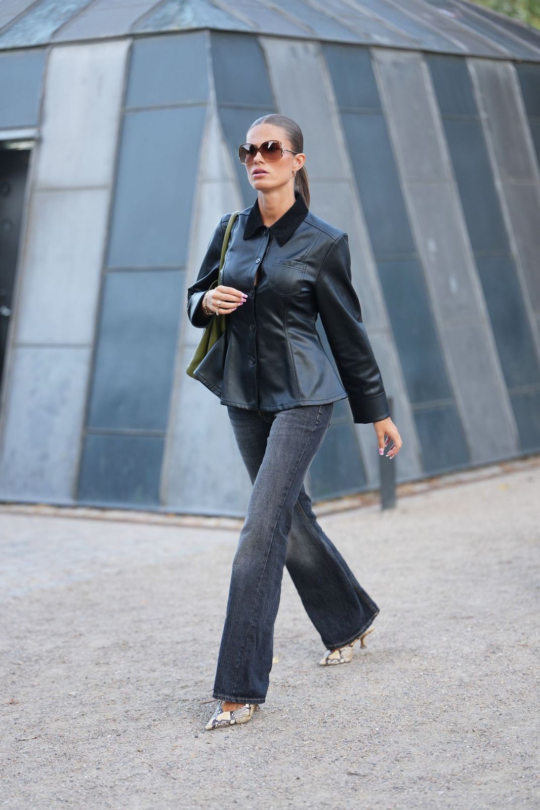 Dark Grey Bootcut Jeans with Faux-Leather Peplum Jacket — Black Bootcut Jeans Outfits 2027