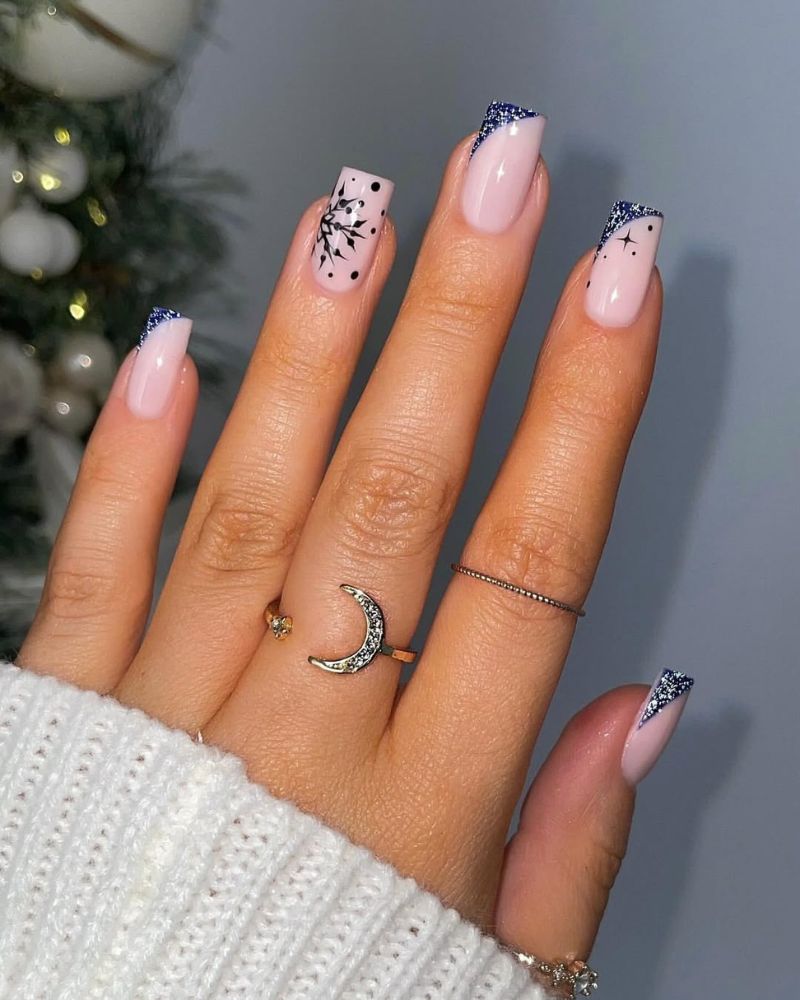 Navy Glitter French Black Snowflake Navy Glitter French Black Snowflake — Snowflake Nails 2027