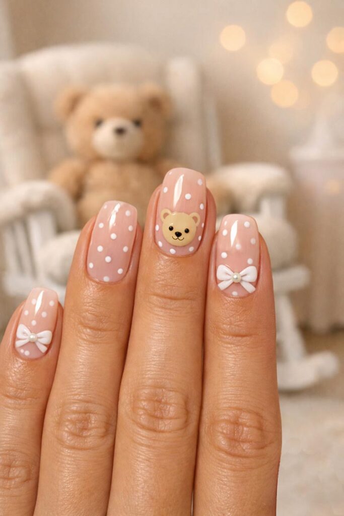 Sheer Pink Polka Dots with Teddy Face — Baby Shower Nails 2027
