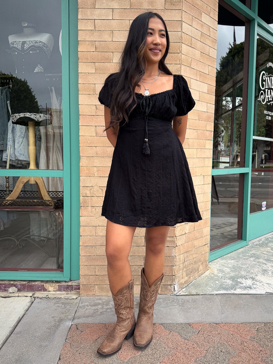 Black Eyelet Mini Dress with Puff Sleeves and Cowboy Boots Black Eyelet Mini Dress with Puff Sleeves and Cowboy Boots — Puff Sleeve Dresses 2027