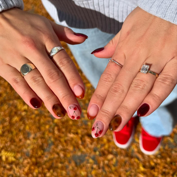 Deep Red Tortoiseshell with Cherries — Simple Thanksgiving Nails 2026