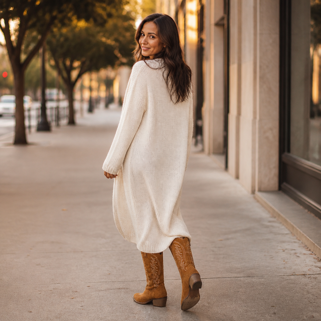 Long Knit Cardigan Over Textured Dress with Cowboy Boots — Winter Western Outfits 2027