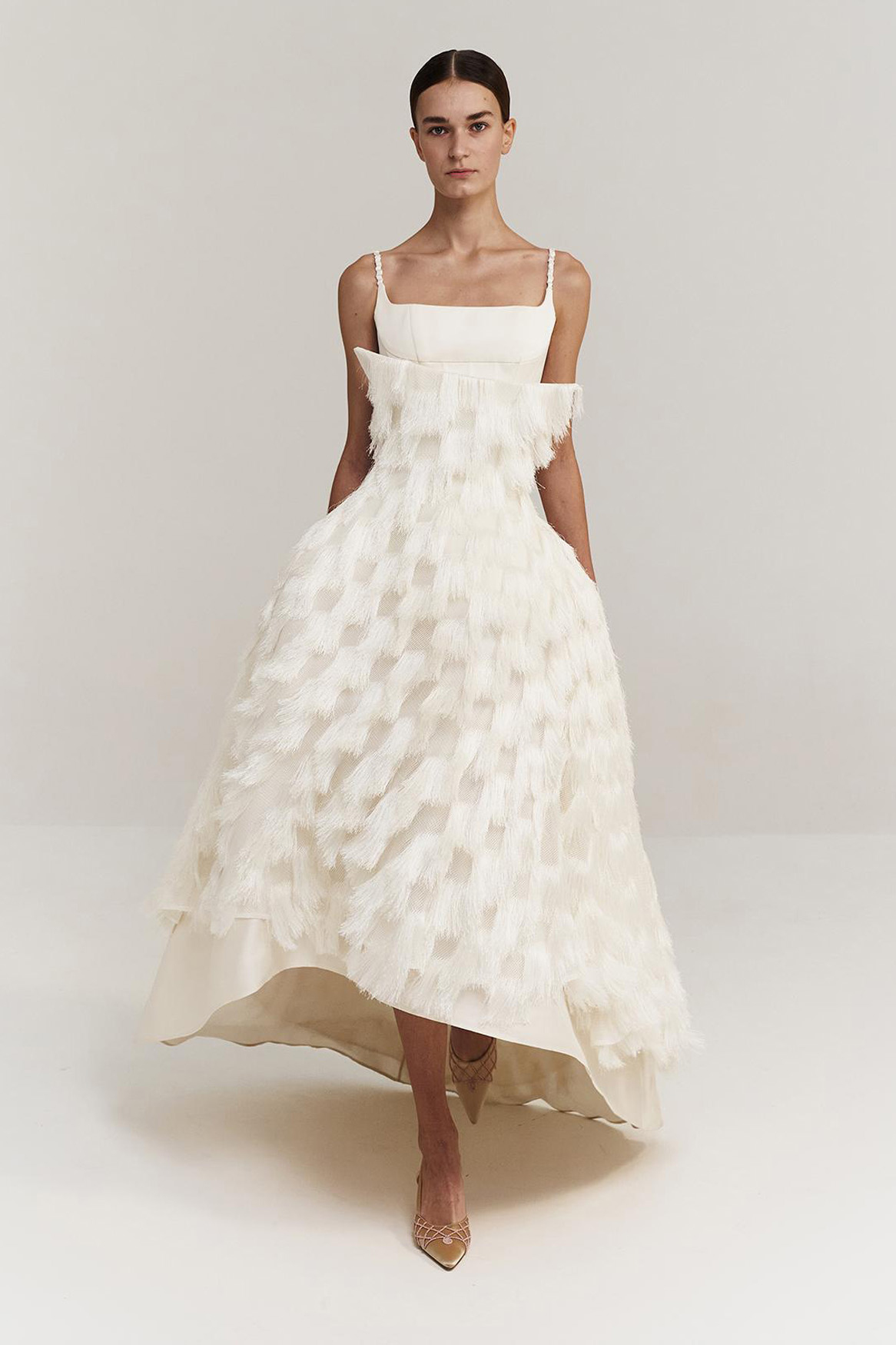 Dramatic Ivory Fringe Dress with Off-the-Shoulder Overlay — Bridal Shower Dresses 2027