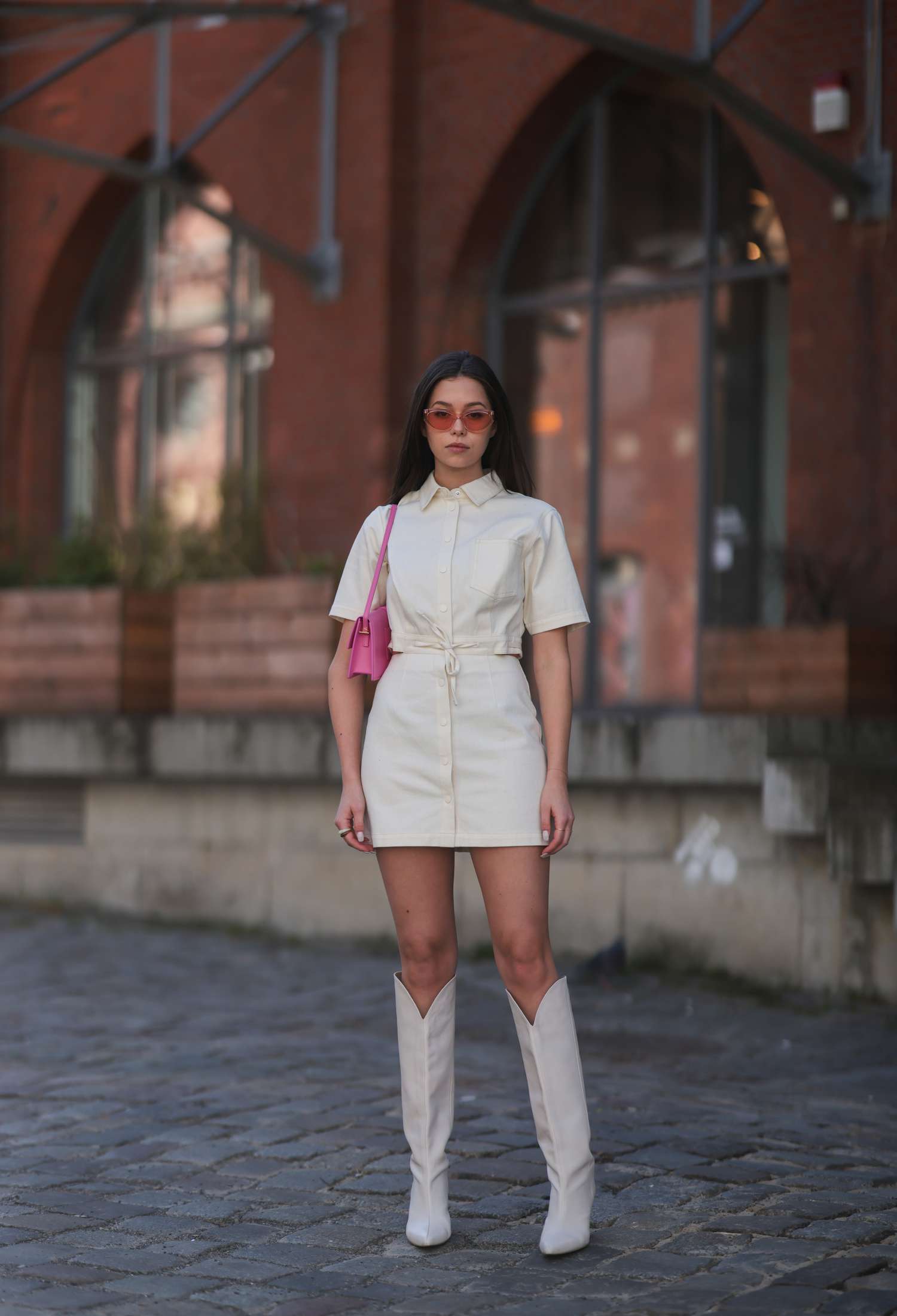 Cream Collared Shirt Dress with White Knee-High Boots Cream Collared Shirt Dress with White Knee-High Boots — Cowgirl Dress 2027