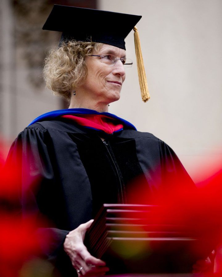 Black Graduation Gown with Blue and Red Academic Hood — Graduation Speaker Outfits 2027
